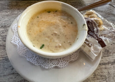 Cup of Clam Chowder - Mini Travel Adventures 4 Us A cup of clam chowder served at Moonstone Bar and Grill in Cambria, California.