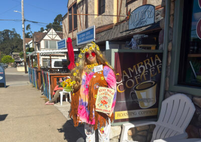 Creative scarecrow displays at the Cambria Scarecrow Festival.