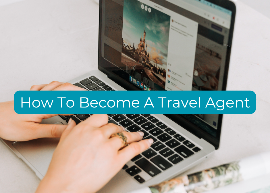 Close up of hands typing on a laptop with an open travel website, illustrating a guide on how to become a travel agent.