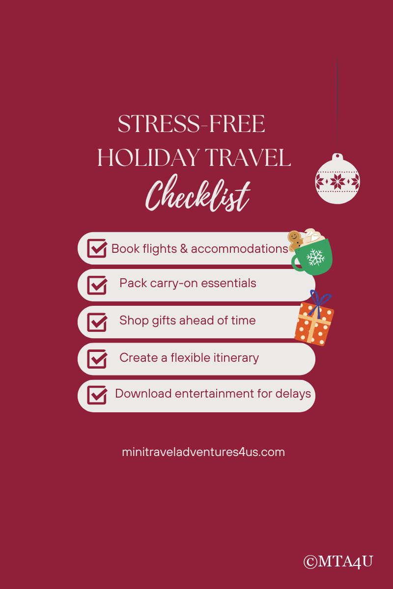 Holiday Travel Checklist featuring tasks like booking flights, packing essentials, and creating a flexible itinerary.