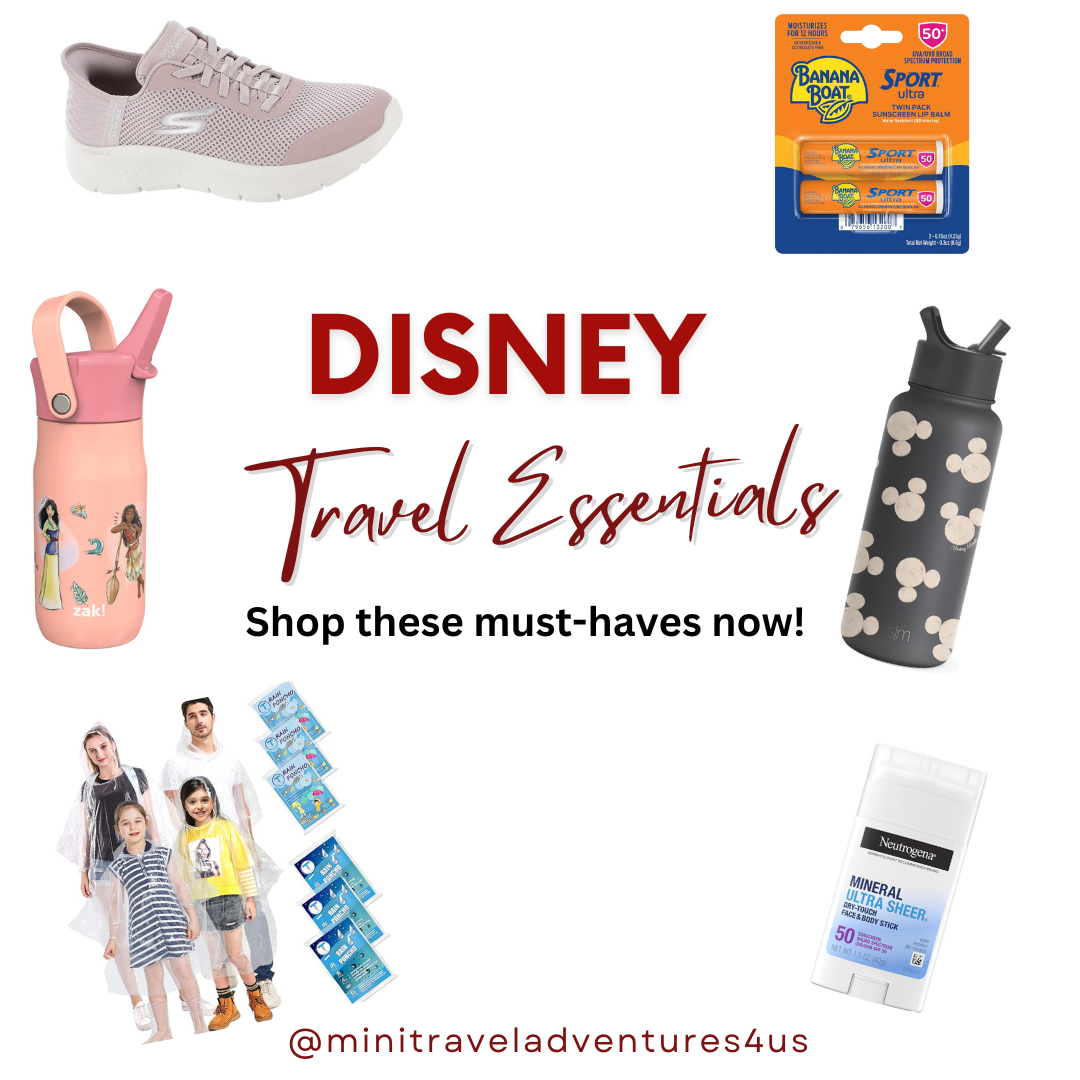 Travel essentials collage featuring sneakers, water bottles, lip balm, sunscreen, and family gear for Disney and beyond.