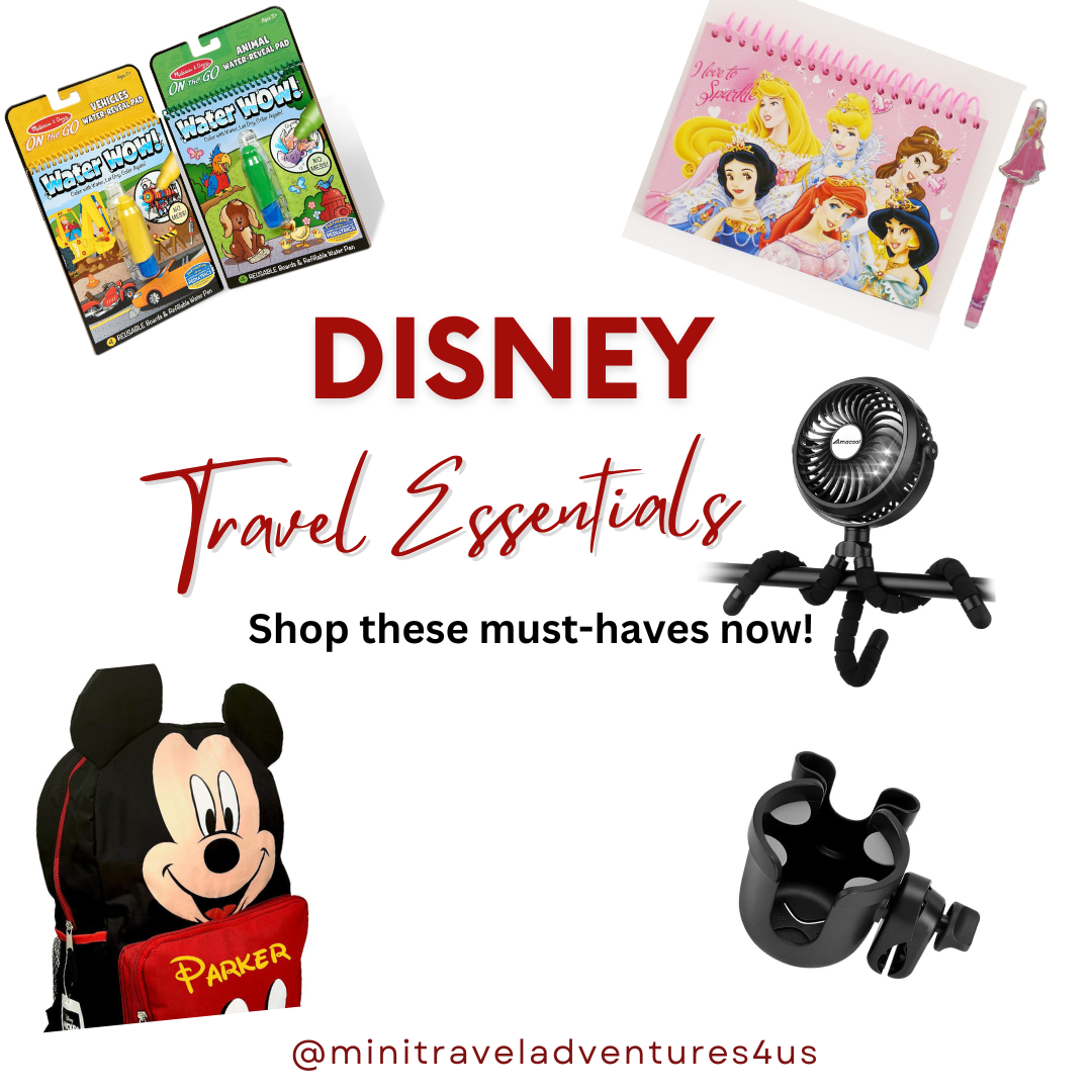 Collage of family-friendly Disney travel essentials including kids' backpacks, autograph books, and travel toys for your ultimate Disney packing list.