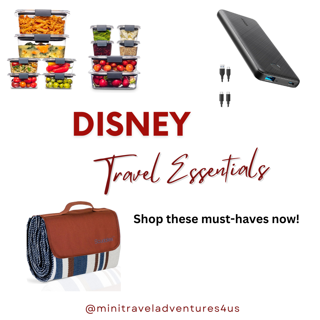 Collage of Disney travel essentials including leak-proof containers, portable power banks, packable picnic blankets, and more for the ultimate Disney packing list.