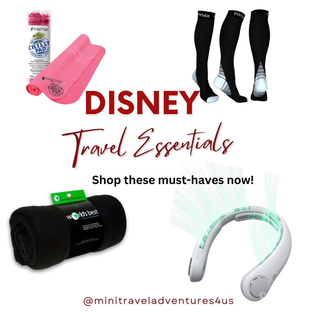 Collage of comfort must-haves for Disney trips, featuring cooling towels, neck fans, and compression socks for the ultimate Disney packing list.