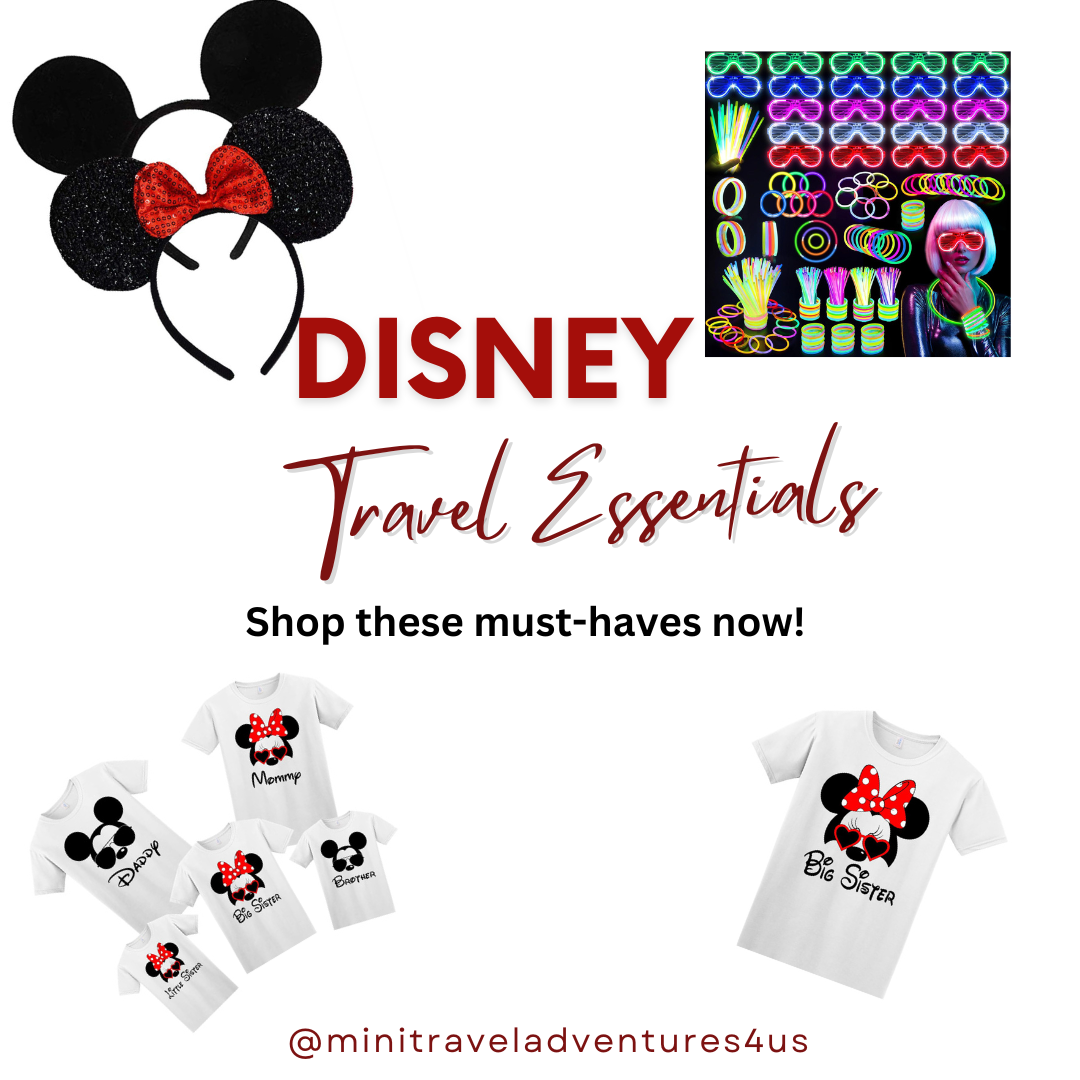 Collage of Dis Travel essentials featuring Mickey ears, glow sticks and Disney-themed t-shirts for a magical trip.