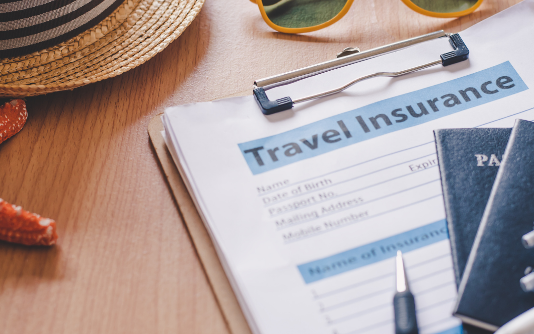 Travel insurance form with passport, sunglasses, and camera—representing how travel insurance protects your vacation from unexpected cancellations or emergencies.