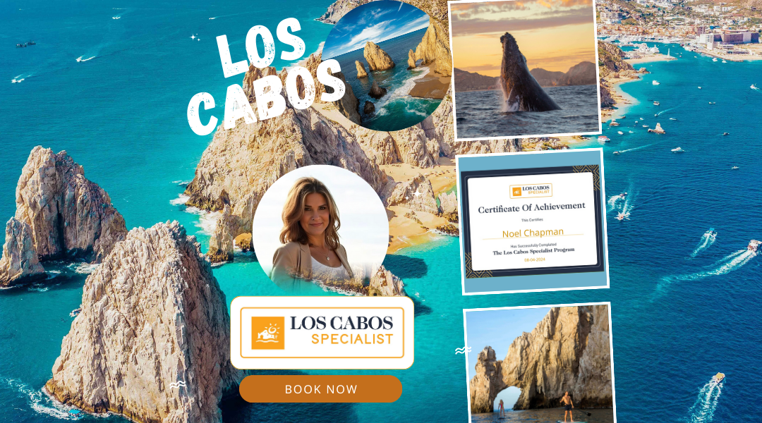 Featured image showing Los Cabos travel advisor Noel Chapman, certified Los Cabos Specialist, with images of The Arch, whales, and ocean views.