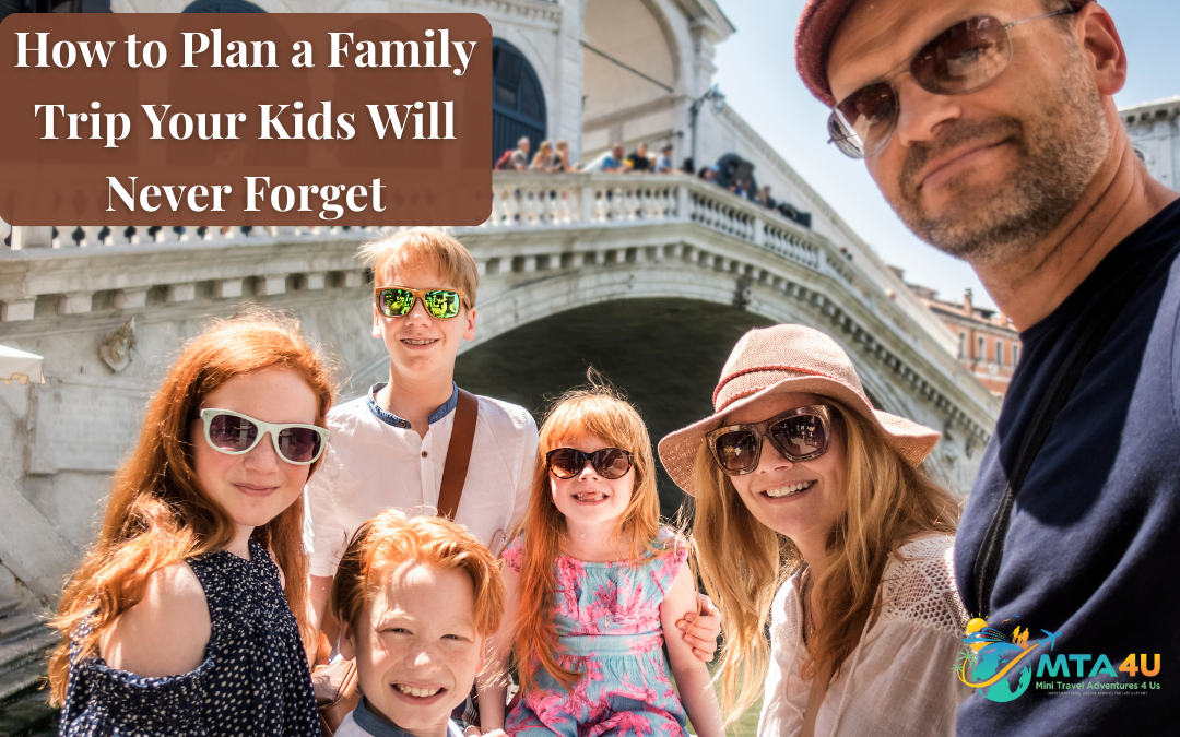 Smiling family of six taking a travel selfie in front of a European bridge, used for a blog post about how to plan a family trip your kids will never forget.