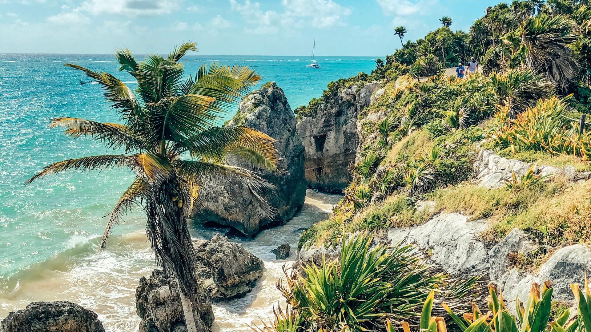 Tulum Coastal Cliffs and Caribbean Sea Scenic view of Tulum's rocky cliffs, palm trees, and turquoise Caribbean waters with a sailboat in the distance.