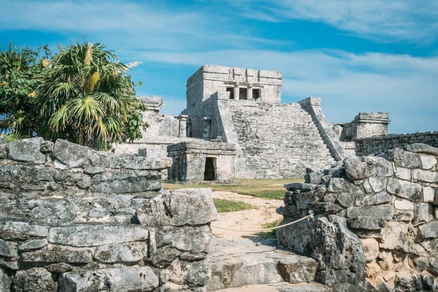 Tulum Ruins Temple Structure Ancient stone temple ruins in Tulum, Mexico, with a staircase and palm tree in the foreground.
