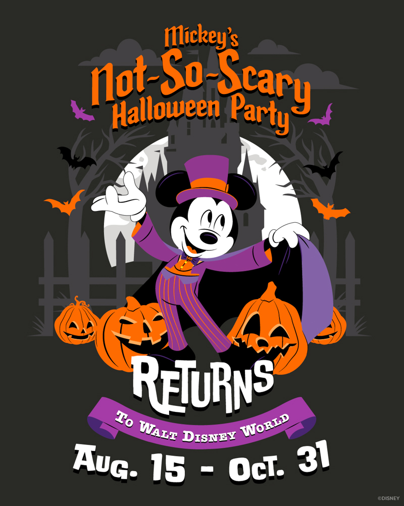 Mickey’s Not-So-Scary Halloween Party 2025 Poster Illustrated Mickey Mouse in a Halloween costume surrounded by pumpkins with event dates for Mickey’s Not-So-Scary Halloween Party 2025.