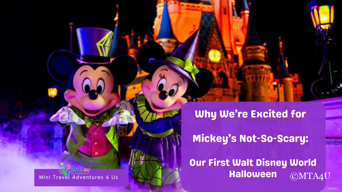 Mickey and Minnie dressed in Halloween costumes in front of Cinderella Castle during Mickey’s Not-So-Scary Halloween Party at Walt Disney World.