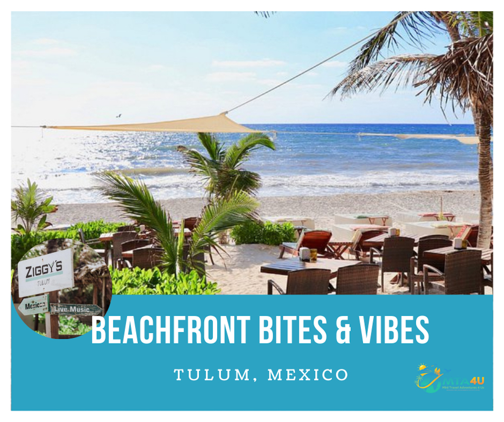 Ziggy’s Beach Club Tulum Dining View Outdoor beachfront dining setup at Ziggy’s Beach Club in Tulum, Mexico with palm trees and ocean view.