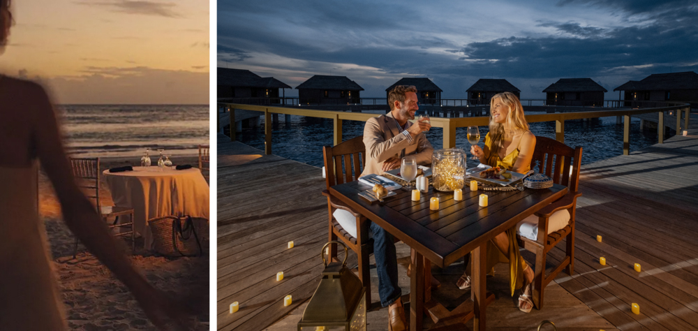 Romantic Waterfront Dining at Sandals South Coast Couple enjoying a private dinner on a deck over the water at Sandals South Coast.