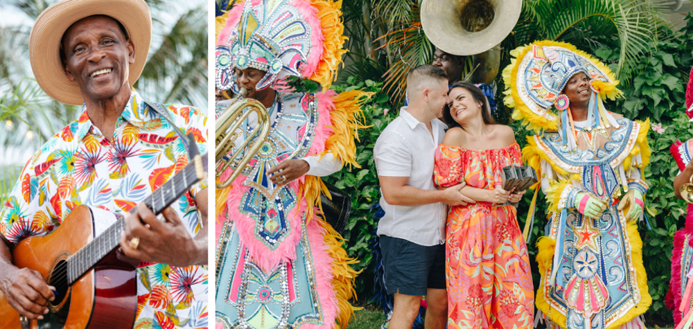 Caribbean Joy at Sandals South Coast A smiling local musician and a couple celebrating with vibrant Caribbean performers.