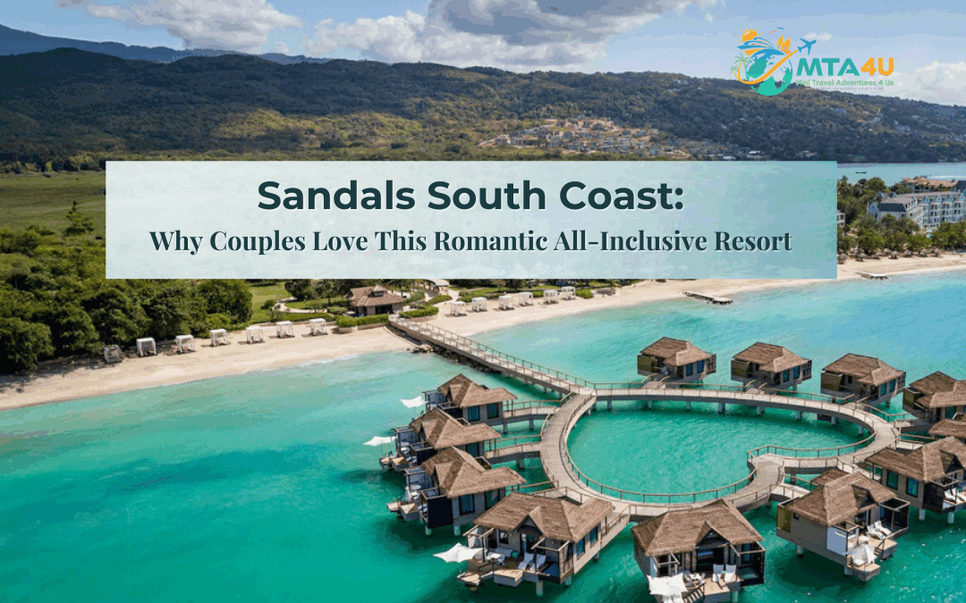 Aerial view of Sandals South Coast resort with overwater bungalows and turquoise Caribbean water, ideal for romantic getaways.