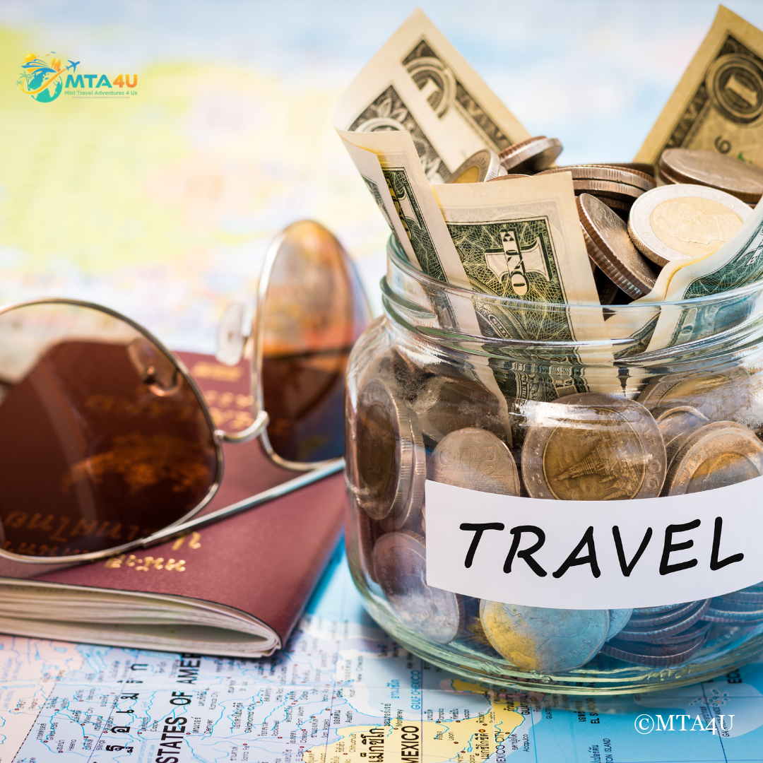 Jar of travel savings with coins, bills, and a passport used to illustrate vacation planning tips.