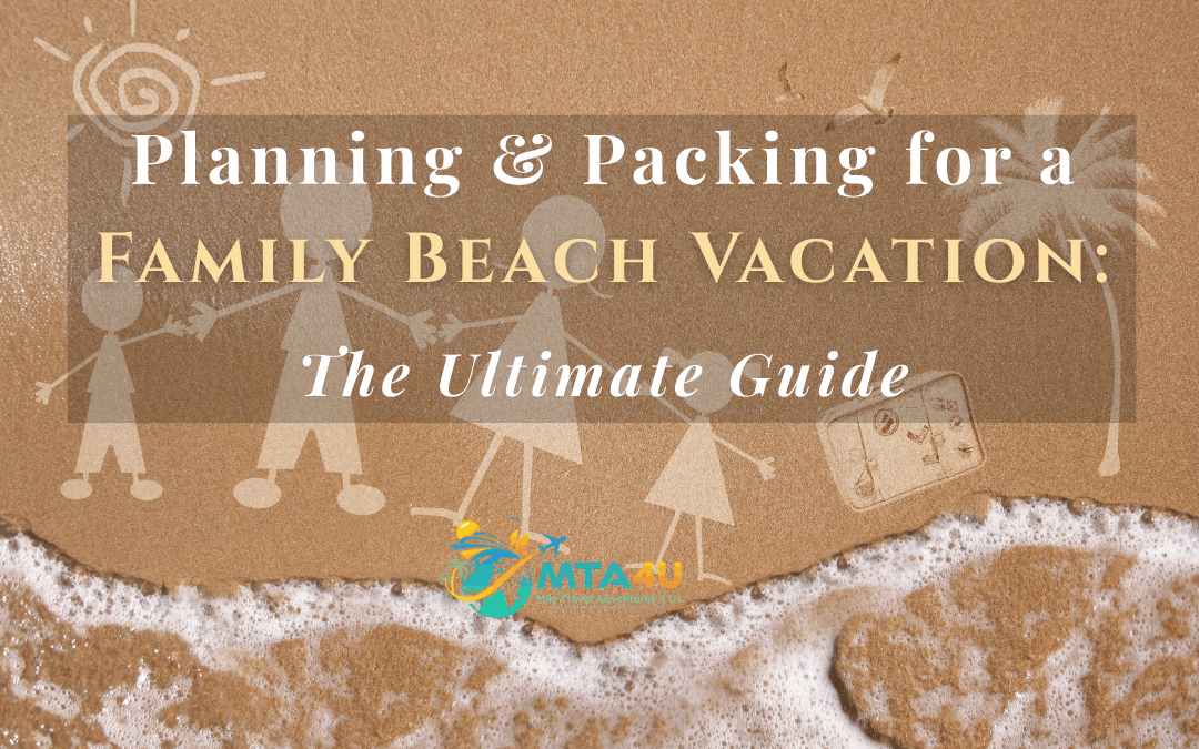 Planning and packing for a family beach vacation with a sand background and guide title overlay.
