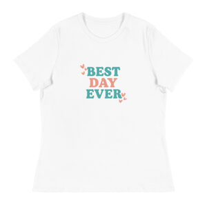 Best Day Ever t-shirt in white with colorful block lettering and heart accents.