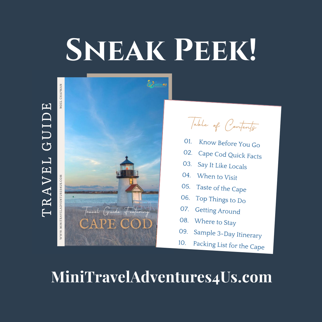 Cape Cod Travel Guide Sneak Peek - Mini Travel Adventures 4 Us Sneak peek of the Cape Cod Travel Guide showing the cover and detailed Table of Contents.