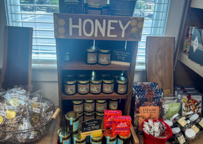 Honey display at Marin Cheese Factory gift shop.