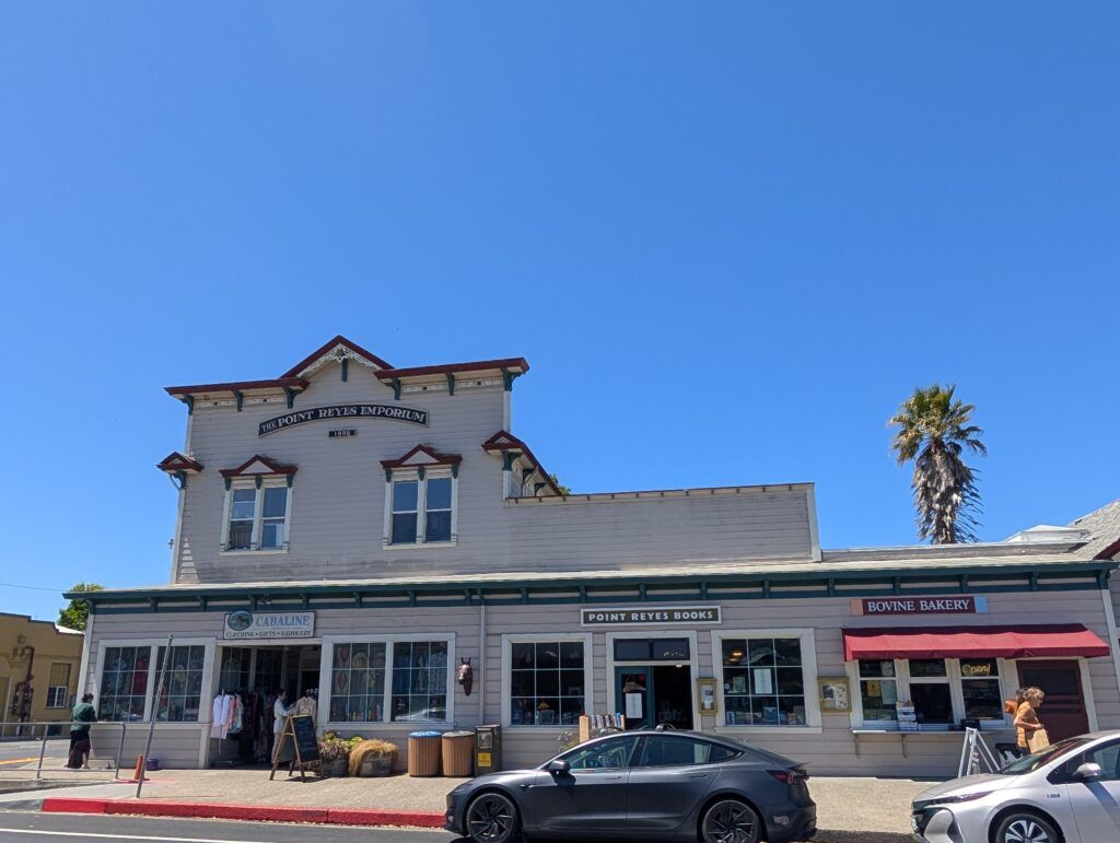 Historic downtown buildings in Point Reyes Station, California, including Point Reyes Books and Bovine Bakery.