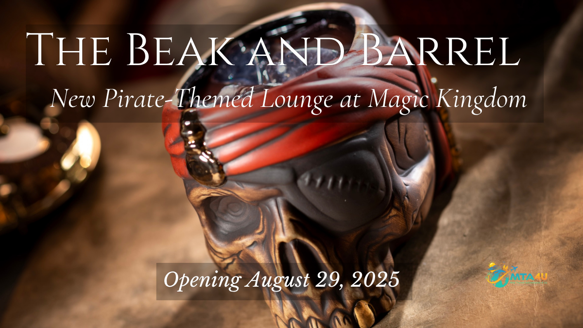 The Beak and Barrel pirate-themed lounge at Magic Kingdom with skull mug and opening date August 29, 2025.
