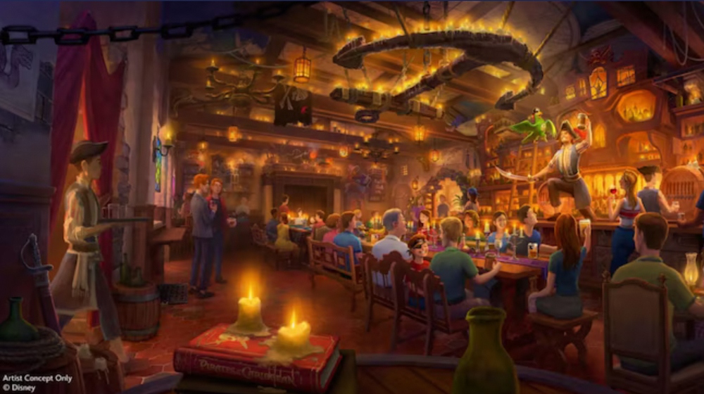 Concept art of The Beak and Barrel pirate-themed lounge at Magic Kingdom, showing lively dining, pirate decor, and character interactions.