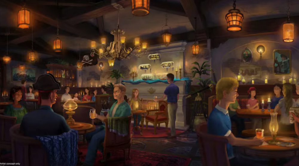 Guests enjoying drinks and conversation inside the cozy, pirate-themed lounge at The Beak and Barrel in Magic Kingdom.