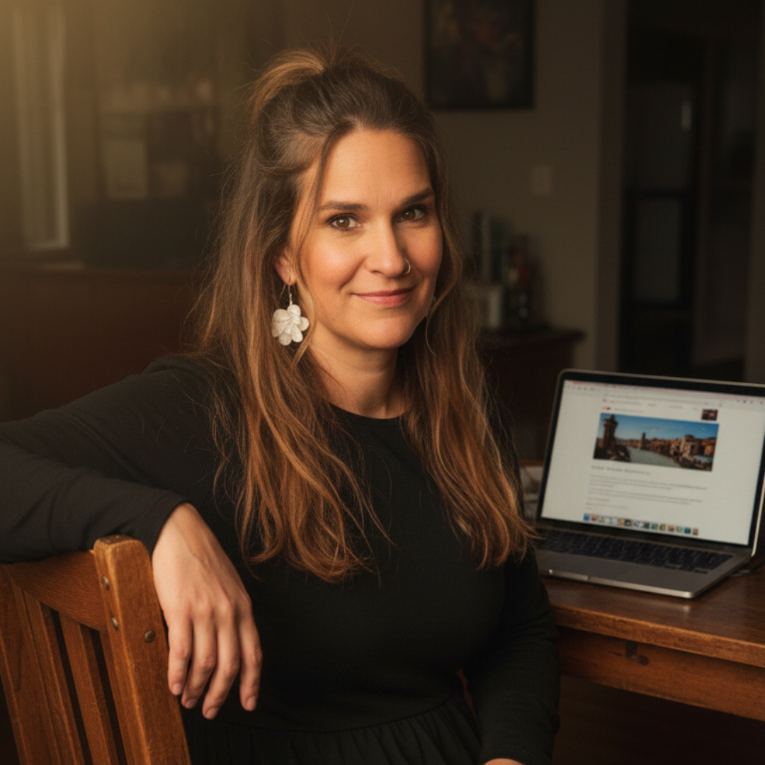 Noel Chapman Travel Entreprenuer - Mini Travel Adventures 4 Us Noel Chapman, Travel Advisor and entrepreneur, smiling while sitting at her desk with a laptop open to the Mini Travel Adventures 4 Us website.
