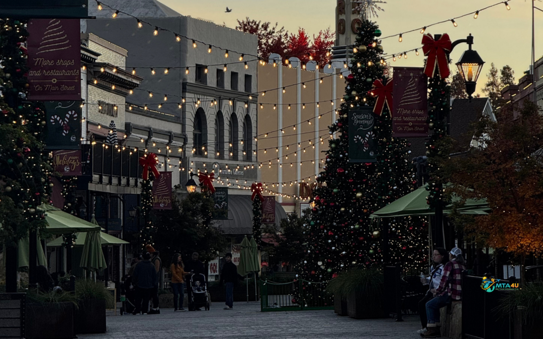 Mill Street in Grass Valley, California decorated for Christmas with string lights.