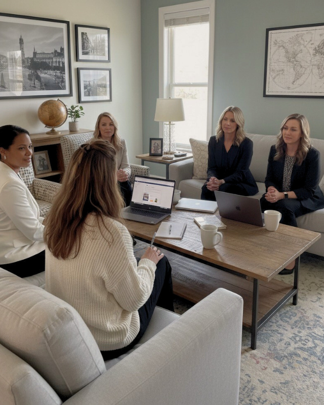 Noel Chapman leading a small Passport to Possibility team meeting with women in a casual living room training session.