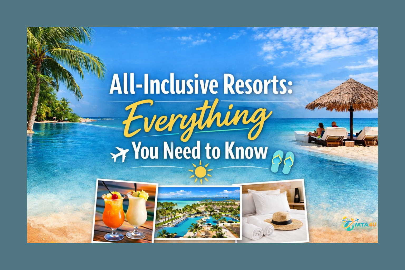 All-inclusive resorts guide graphic with beach, pool, and vacation images.