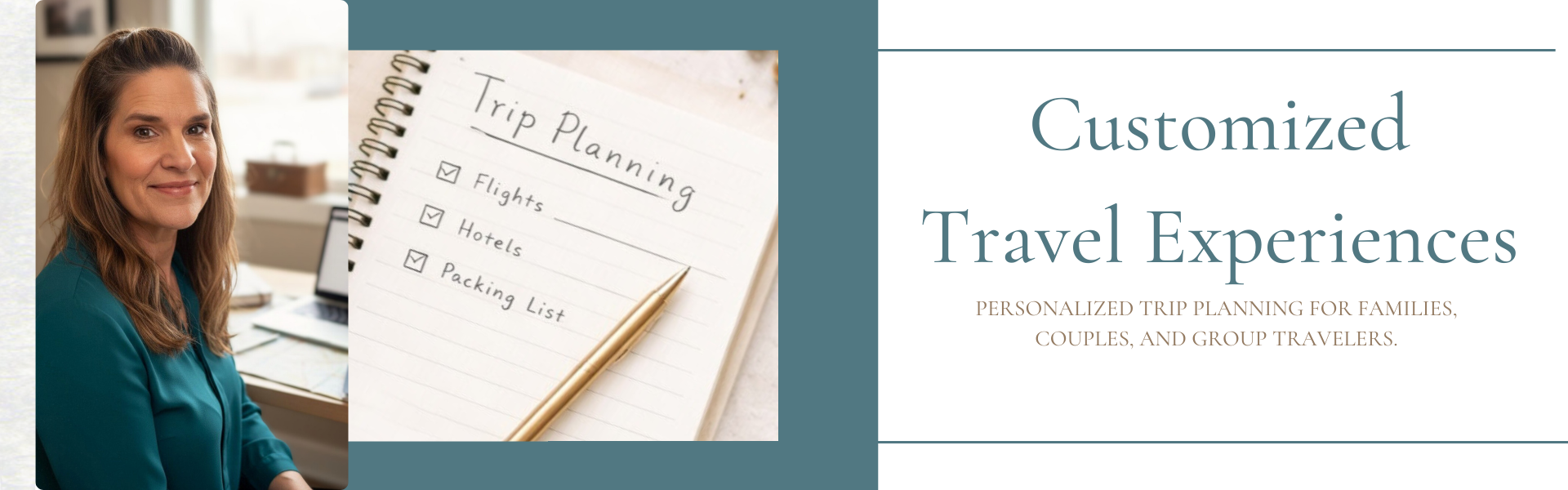 Custom travel experiences header featuring travel advisor Noel Chapman and a trip planning notebook.