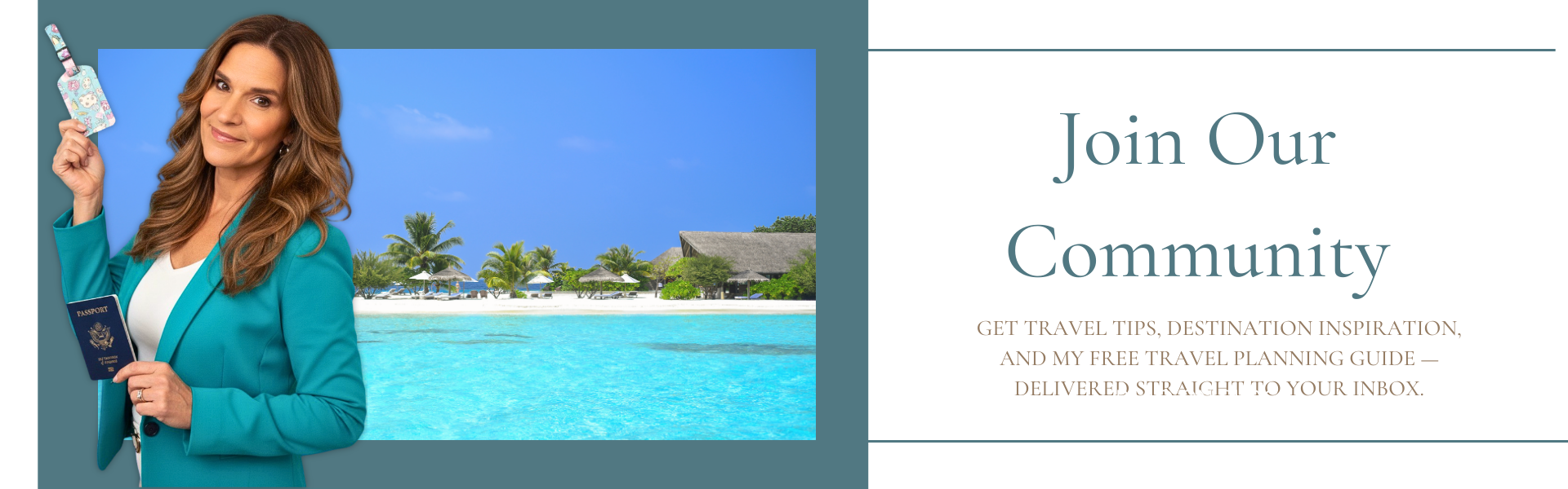 Noel Chapman holding a passport and luggage tag on a tropical beach background.