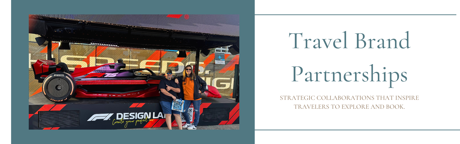 Travel advisors attending the Las Vegas Formula 1 Grand Prix showcasing travel brand partnership opportunities.