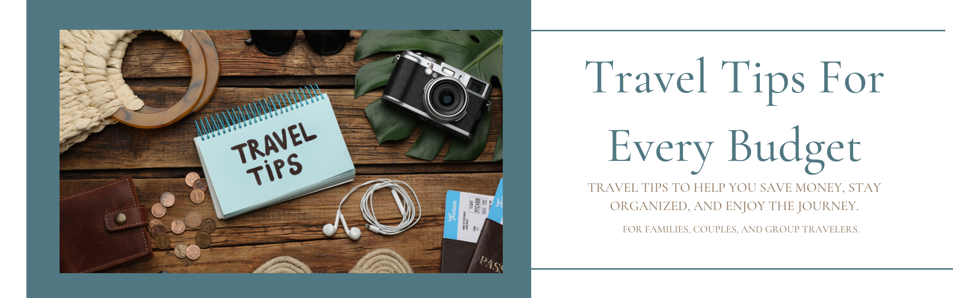 Travel tips flat lay with notebook, camera, passport, and travel essentials.