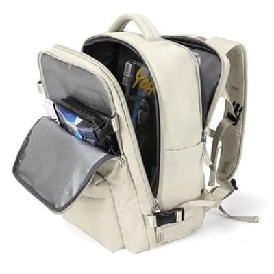 Carry-on travel backpack packed for flight with organized compartments.