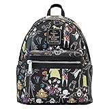 Loungefly Disney Nightmare Before Christmas mini backpack with black background and colorful character print, front zipper pocket, and top handle.