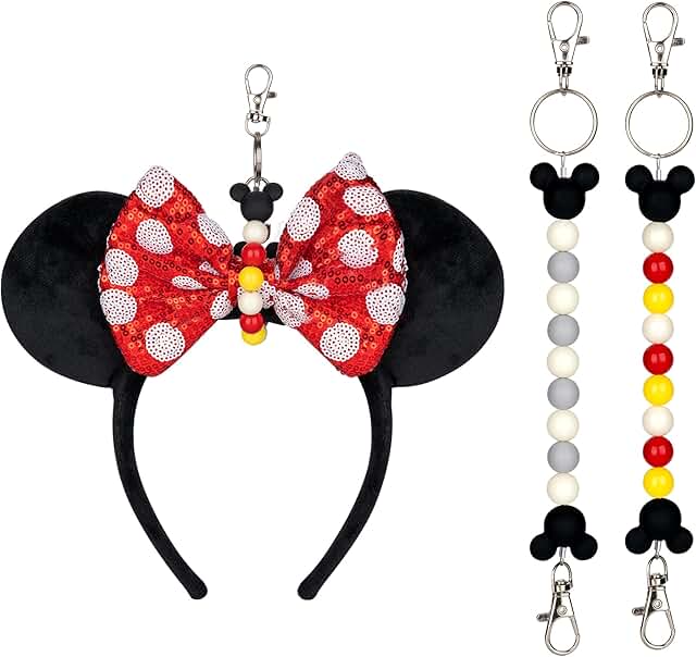 mouse ear holder for backpack beaded keychain disney headband holder theme park accessory.
