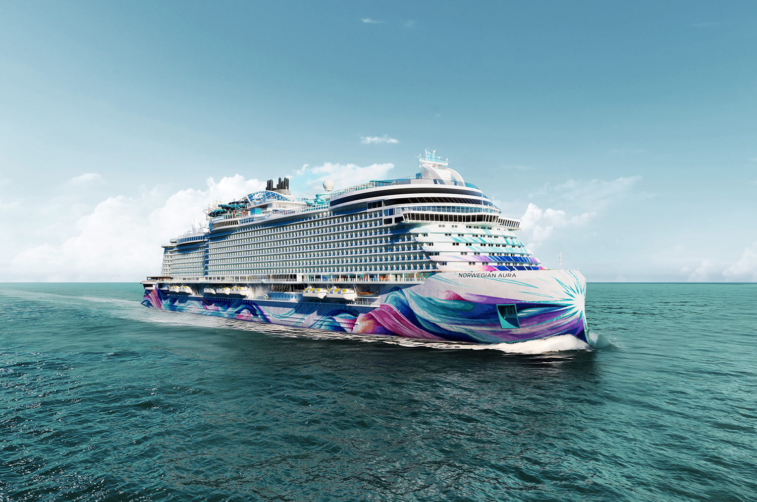 Aerial rendering of the Norwegian Aura cruise ship sailing in open ocean with colorful hull design.