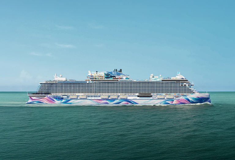 Rendering of Norwegian Aura cruise ship full side view sailing on the ocean.