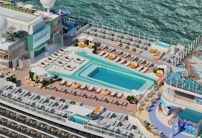 Rendering of the Norwegian Aura cruise ship main pool deck with lounge chairs, pools, and ocean views.