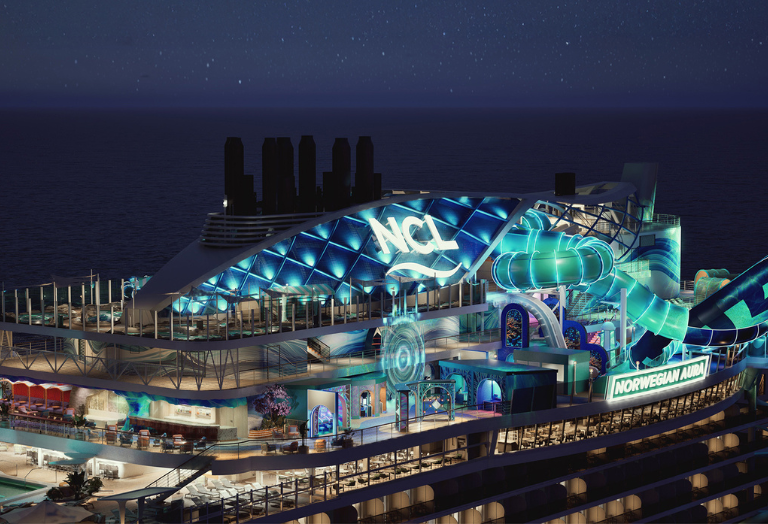 Rendering of Norwegian Aura Ocean Heights at night with lighting effects and outdoor seating areas.