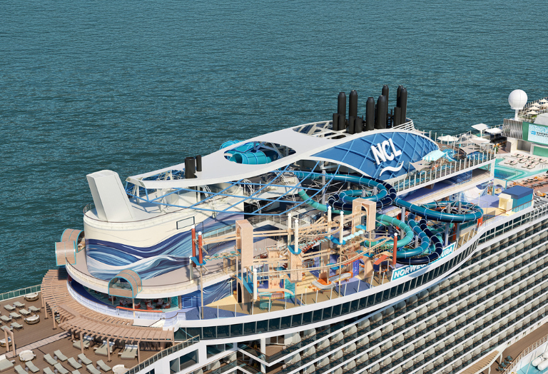 Rendering of Norwegian Aura Ocean Heights outdoor space with multi-level decks, seating areas, and ocean views.