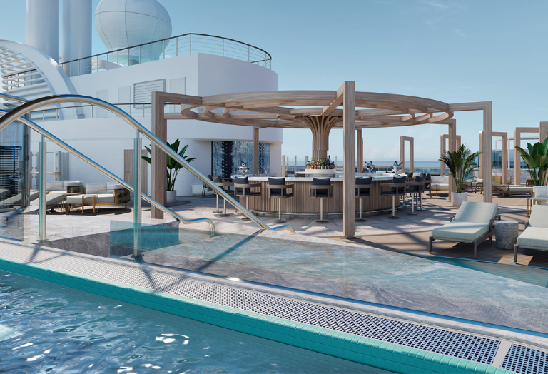 Rendering of Norwegian Aura Vibe Beach Club adults only deck with lounge seating and ocean views.