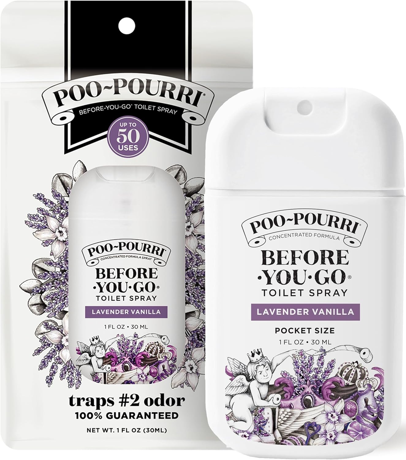Travel size bathroom spray designed for discreet odor control while traveling.