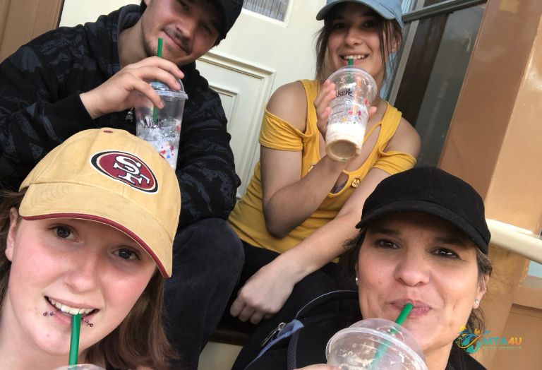 Family resting during Disneyland trip taking a break.