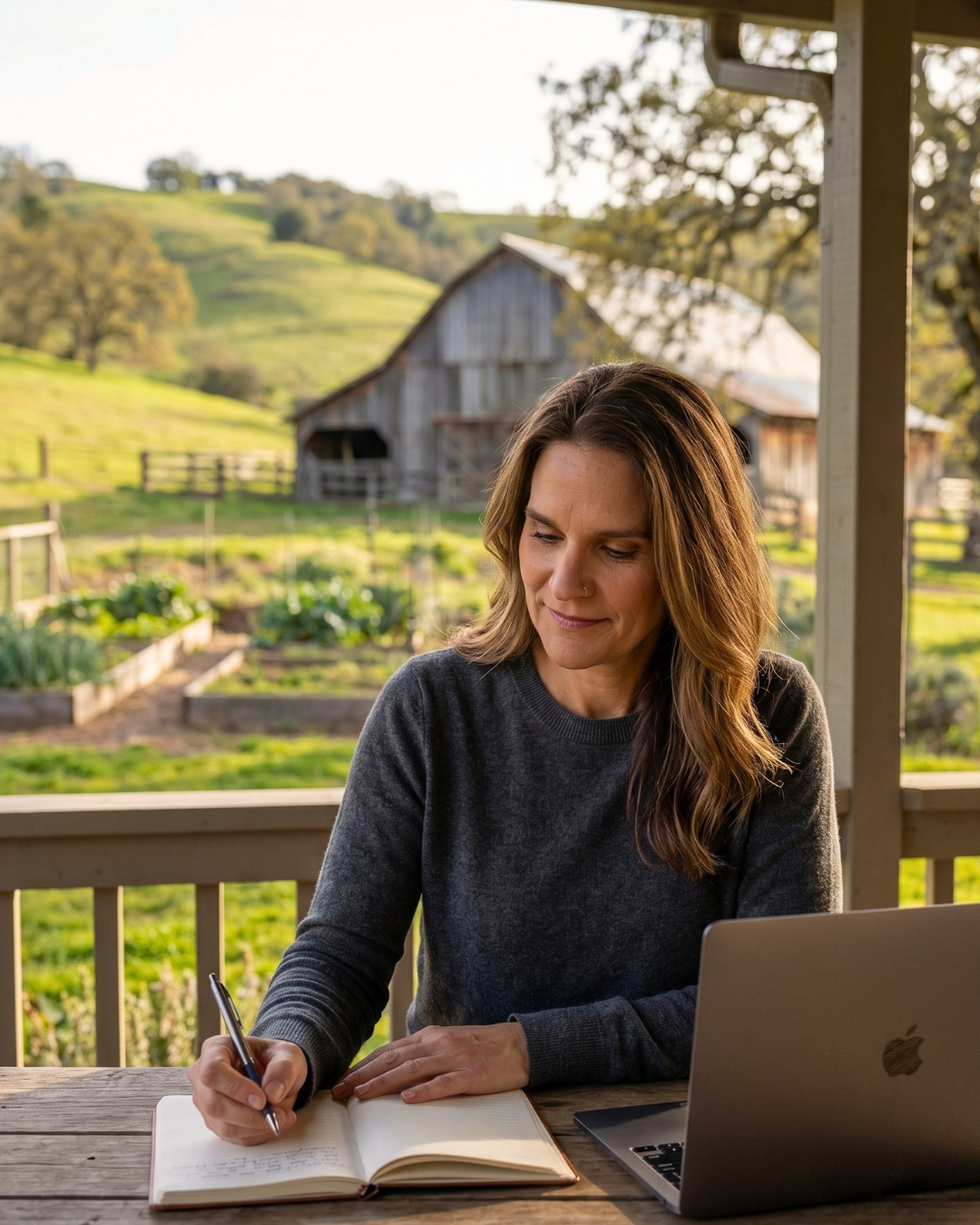 Travel advisor working from home on a farm porch writing in a notebook with a laptop nearby.