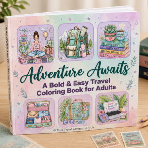 Colorful travel-themed coloring book titled 'Adventure Awaits' on a desk with pencils, mug, globe, and map nearby.